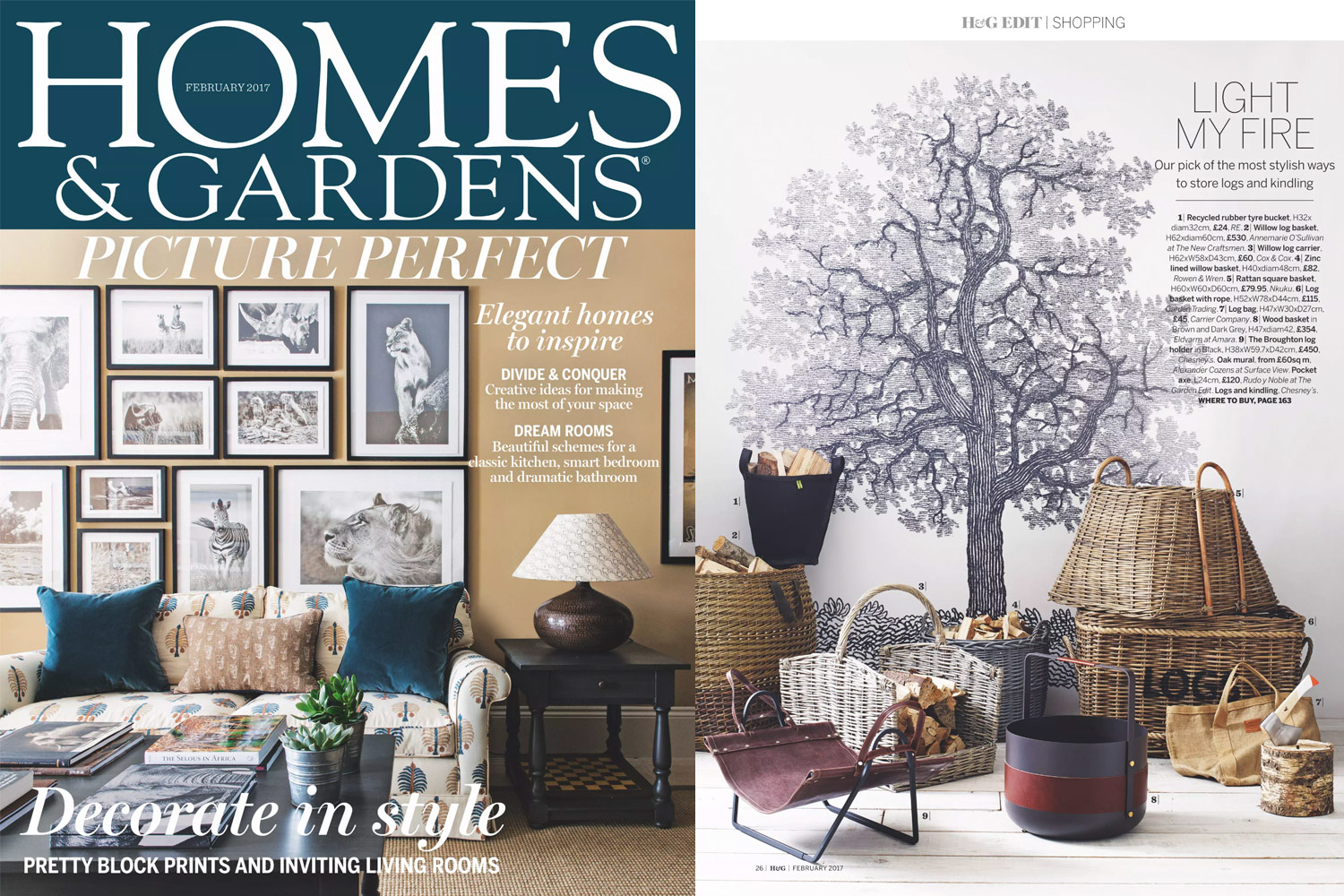 On the left a screeshot of the February 2017 issue of Homes & Garden Magazine. On the right the Emma Basket Havane is featured as one of the top picks for firewood storage.