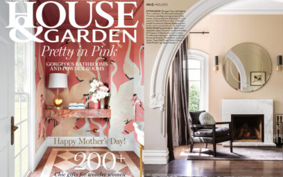 On the left is a screen shot of the cover of the May 2022 issue of Australian House & Garden. On the right, a Emma Companion Set in Noir sits beside a white marble fireplace.