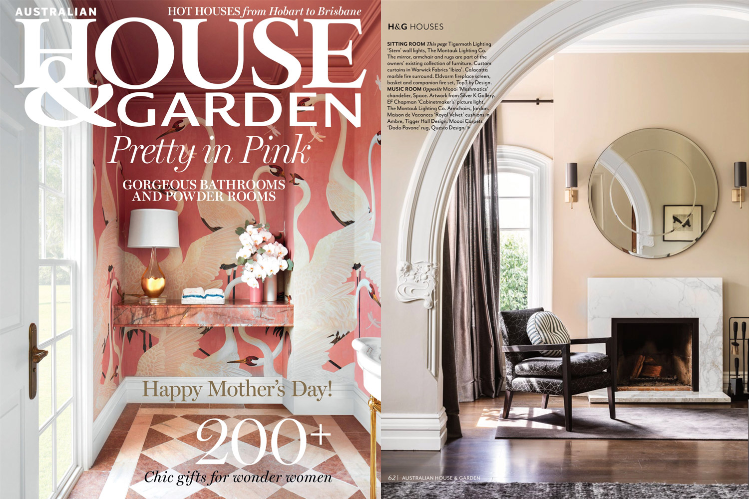 On the left is a screen shot of the cover of the May 2022 issue of Australian House & Garden. On the right, a Emma Companion Set in Noir sits beside a white marble fireplace.