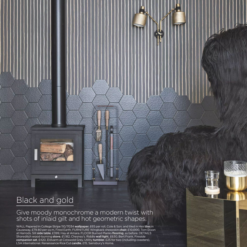 A screen shot of a page from the October 2017 issue of LIvingetc magazine, it features a dark living space with a black wood buring store and a Havane Emma Companion Set.