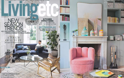 On the left a screen shot of the cover of the October 2017 issue of Livingetc magazine. On the right is a screen shot of one of the pages showig a photo of a living room featuring the Emma Companion Set Naturel and the Emma Firescreen Classique.