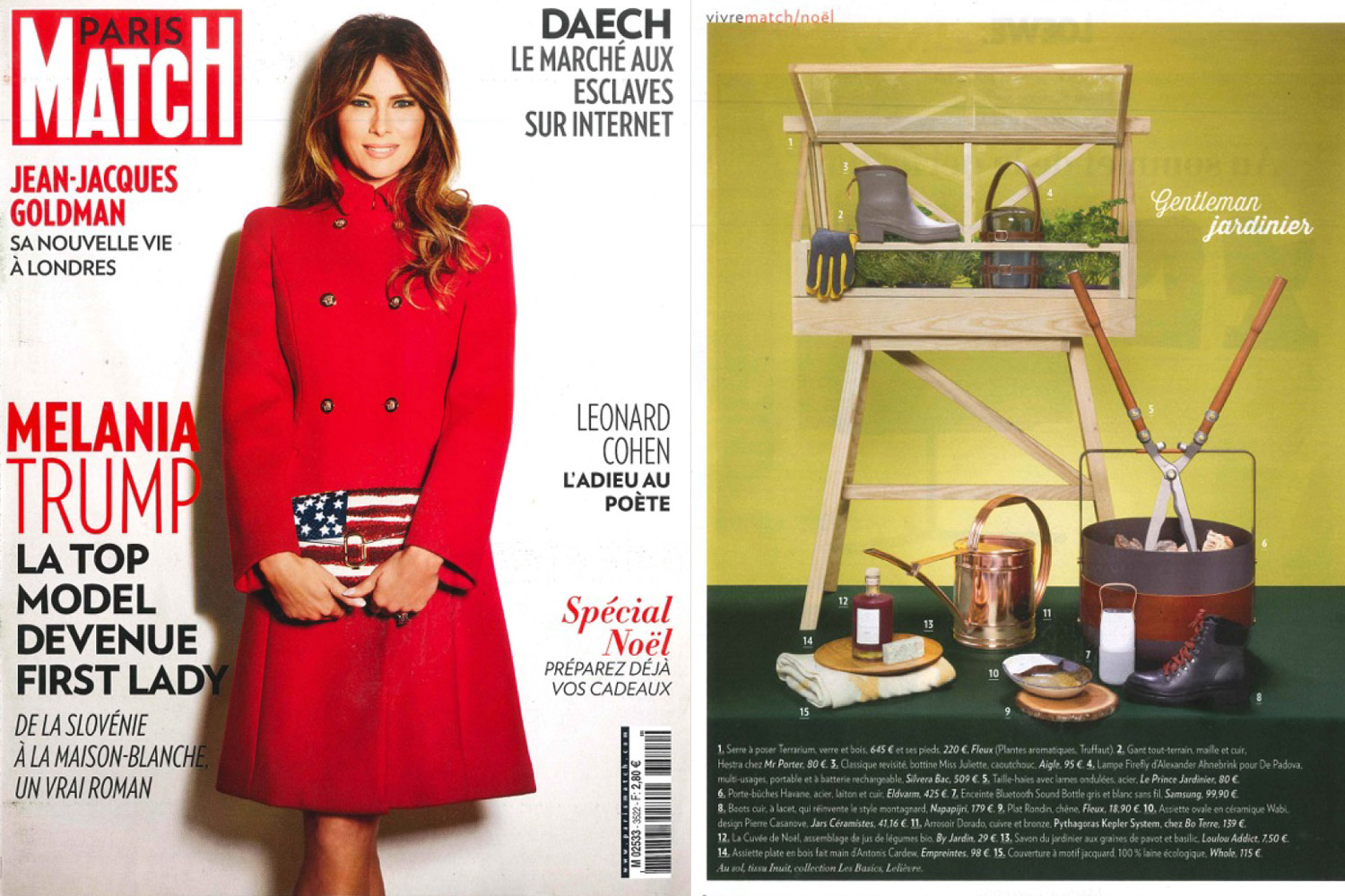 On the left a screenshot of Paris Match November 2016. On the right a feature of products that are perfect for a gentleman gardener, the Emma Basket in Havane is one of the prodcuts.