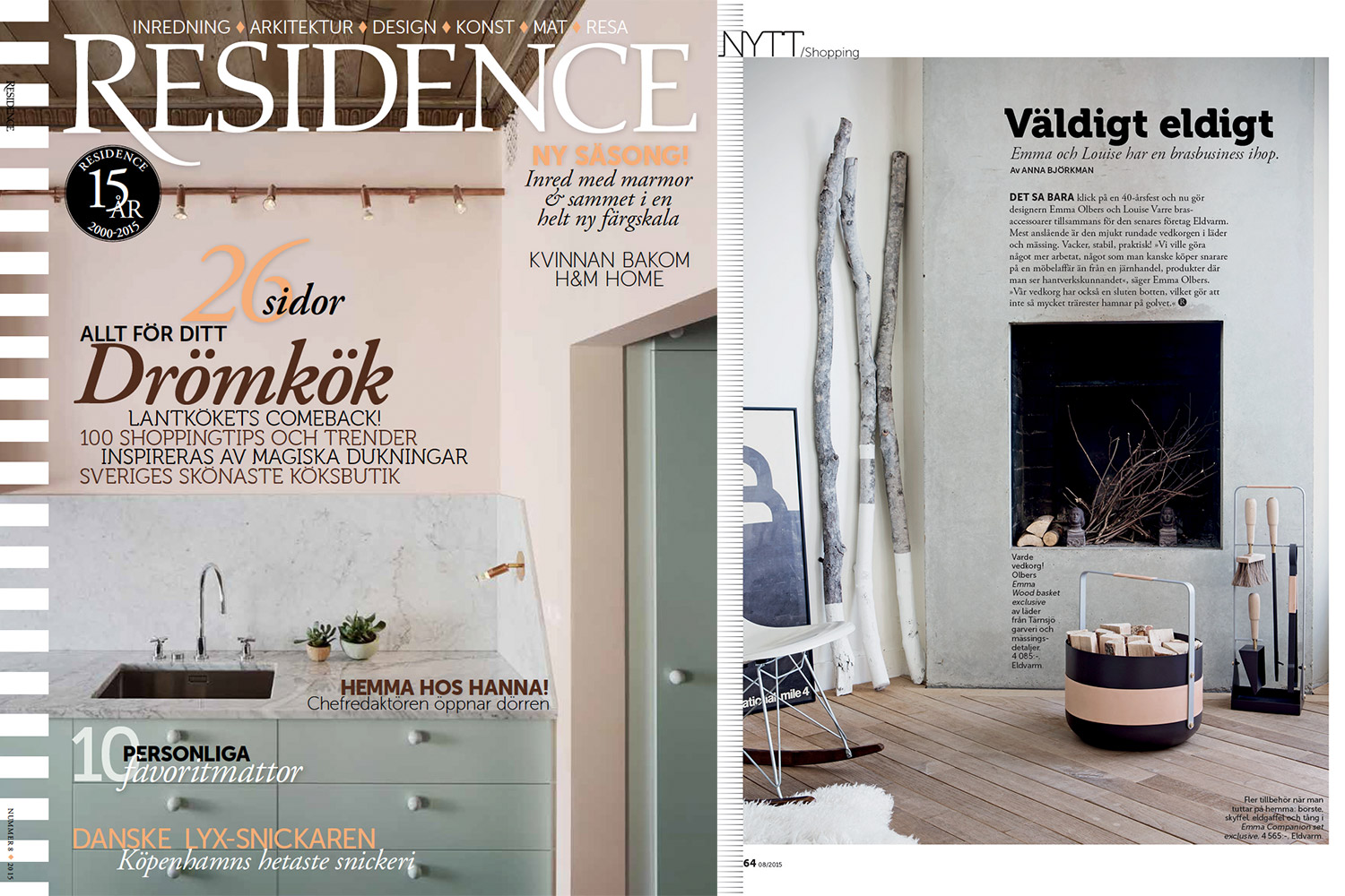 On the left is a screenshot of the cover of Residence magazine. On the left the Emma Companion Set and Basket in Naturel are featured.