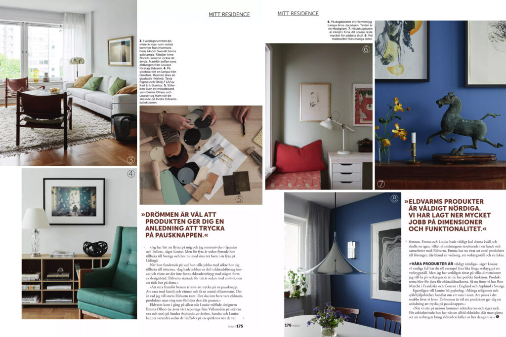 Screenshots from the September 2017 issue of Residence Magazine. It features an interview and visit to the home of Eldvarm's founder Louise Varre.