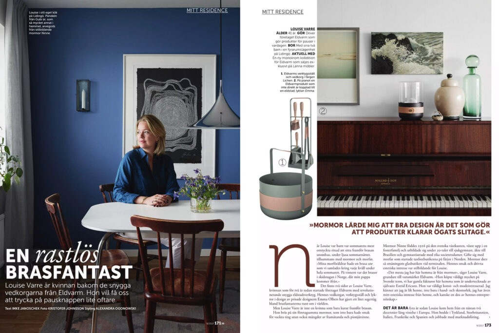 Screenshots from the September 2017 issue of Residence magazine which features an interview with Eldvarm's founder Louse Varre. It also features the Emma Companion Set and Emma Basket in Lichen and an Emma Lantern in Naturel.