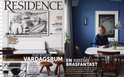 On the left is a screen shot of the cover of the September 2017 issue of Residence magazine. On the right is a photo of the founder of Eldvarm Louise Varre sitting at her dining table.