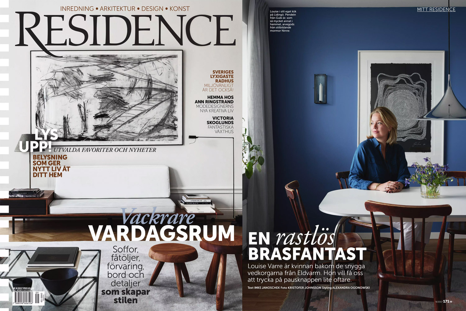 On the left is a screen shot of the cover of the September 2017 issue of Residence magazine. On the right is a photo of the founder of Eldvarm Louise Varre sitting at her dining table.