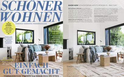 Screen shots of the April 2023 issue of Schoner Wohnen magazine. The Emma Companion Set in Noir is featured on the cover and in a feature inside.