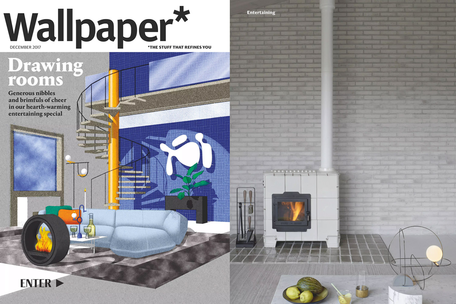 On the left a screenshot of the December 2017 issue of Wallpaper Magazine. On the right an image of a white tiled woodstove, beside it is a Noir Emma Companion Set.