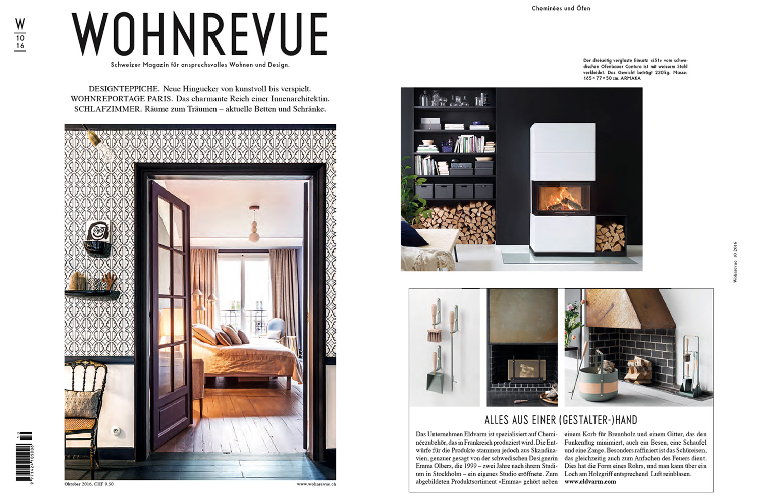 On the left a screen shot of the October 2016 issue of Wohnrevue magazine. On the right a feature showing Eldvarm's, Emma Wall Set, Emma Firescreen, Emma Basket and Emma Companion Set.