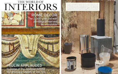 On the left the cover of the November 2020 issue of World of Interiors. On the right is a selection of baskets, one of them being the Emma Basket in Noir.