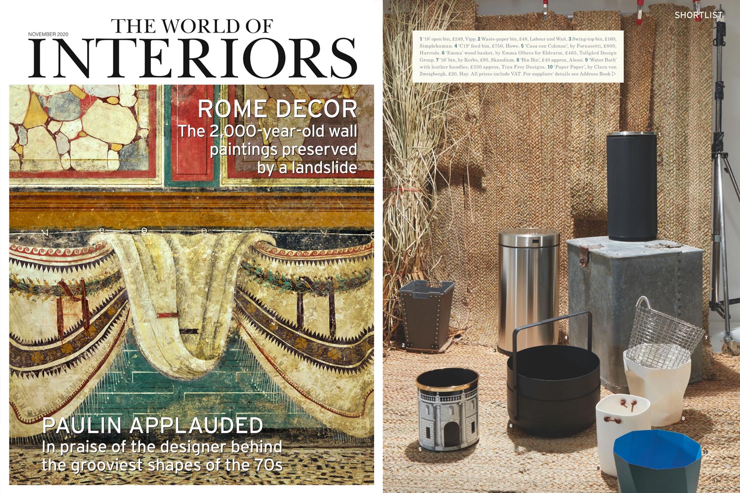 On the left the cover of the November 2020 issue of World of Interiors. On the right is a selection of baskets, one of them being the Emma Basket in Noir.