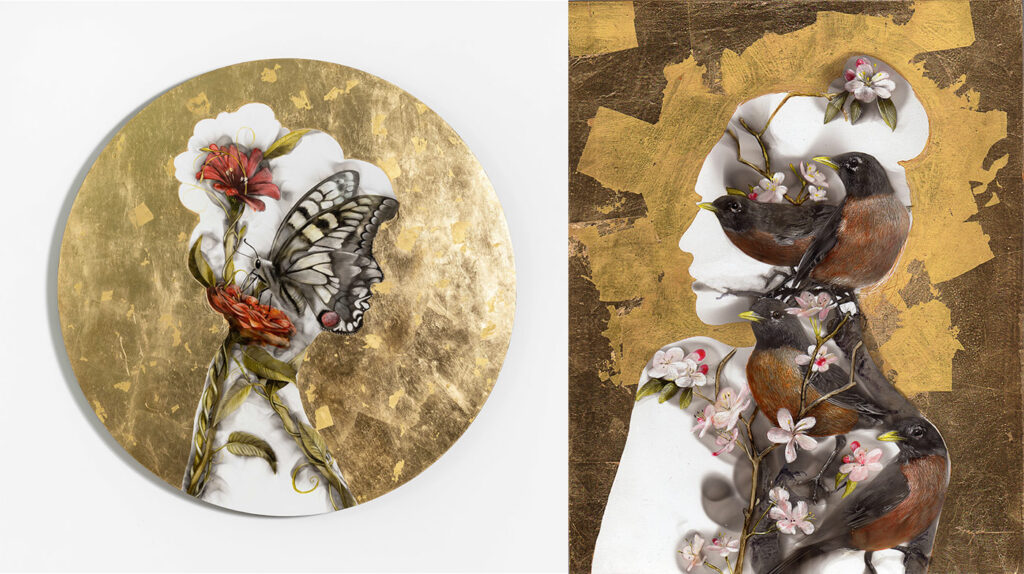 Two pieces by artist Steven Spazuk. The silhouette of a woman is shown in white surrounded by gold leaf. Inside the silhouettes are paintings done with soot and watercolours. One is of a butterfly on a red flower the other is of 4 robins.