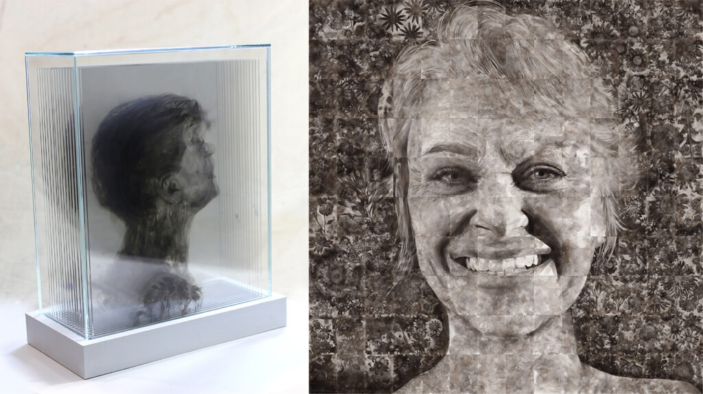 On the left a piece of work where artist Steven Spazuk has painted with smoke on several pieces of glass. They are then placed one in front of the other to create an almost 3d painting. On the right is a portrait of his wife Danielle.