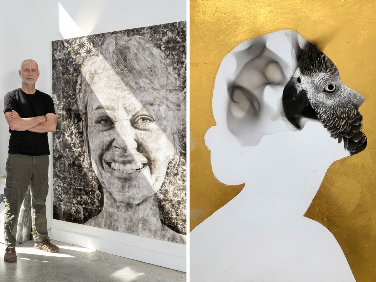 On the left a photo of Canadian artist Steven Spazuk standing beside a piece called Le Jardin de Danielle. On the right a piece titled Grey Parot.