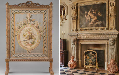 On the left an example of a antique cheval screen. On the right a fire screen in l’Hôtel de Gesvres in Paris.