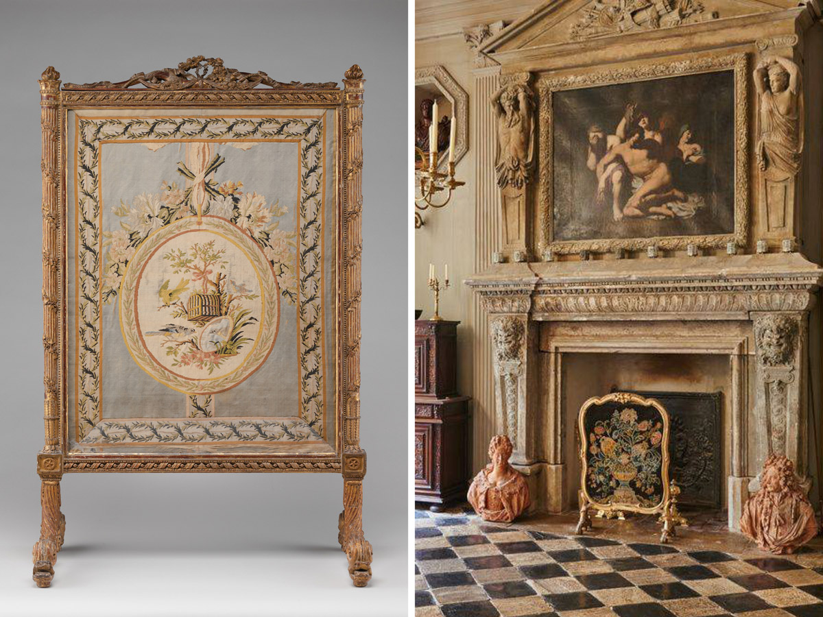 On the left an example of a antique cheval screen. On the right a fire screen in l’Hôtel de Gesvres in Paris.