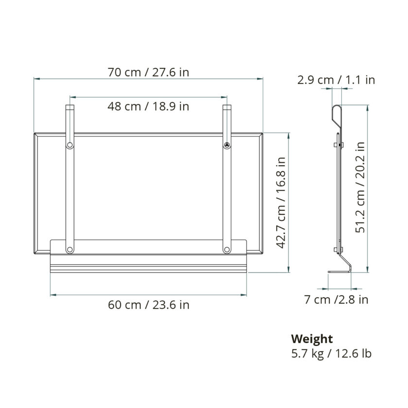 A line drawing with measurements of the Emma Firescreen Small.