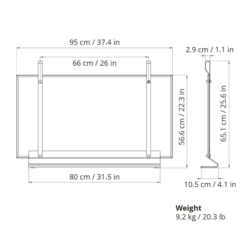 A line drawing with measurements of the Emma Firescreen Large.