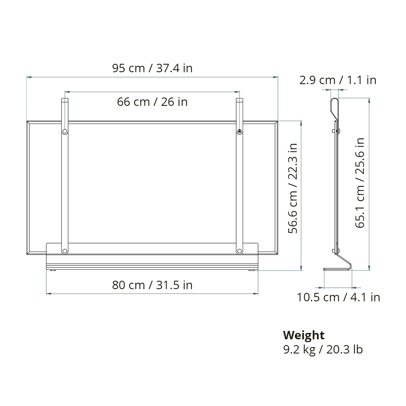 A line drawing with measurements of the Emma Firescreen Large.
