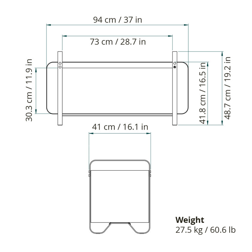 A line drawing with measurements of the Ninne Bench.