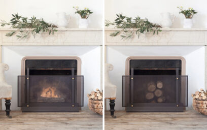 Two photos of the Emma Firescreen Small in Classique infront of a fireplace. On the right shows a fire behind the firescreen on the left is just wood in the fireplace.