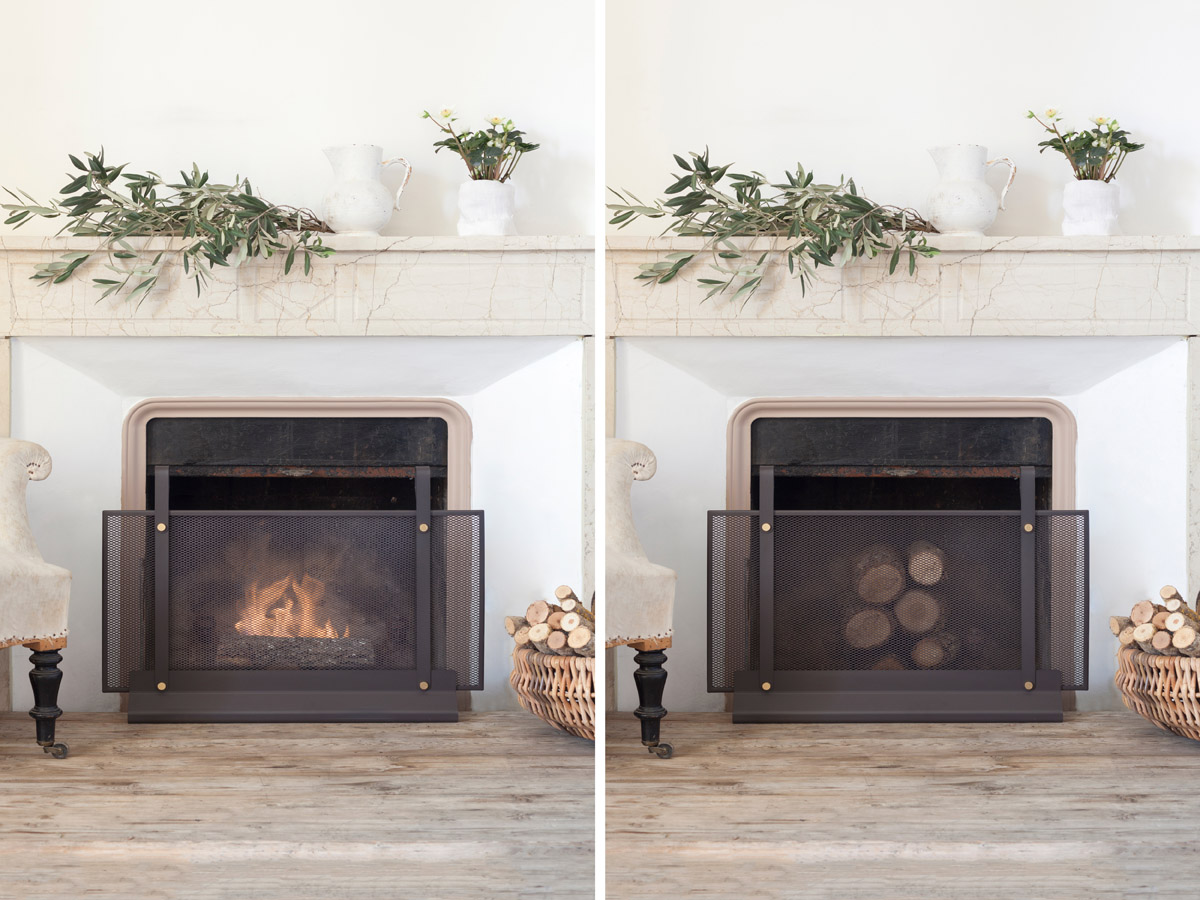 Two photos of the Emma Firescreen Small in Classique infront of a fireplace. On the right shows a fire behind the firescreen on the left is just wood in the fireplace.