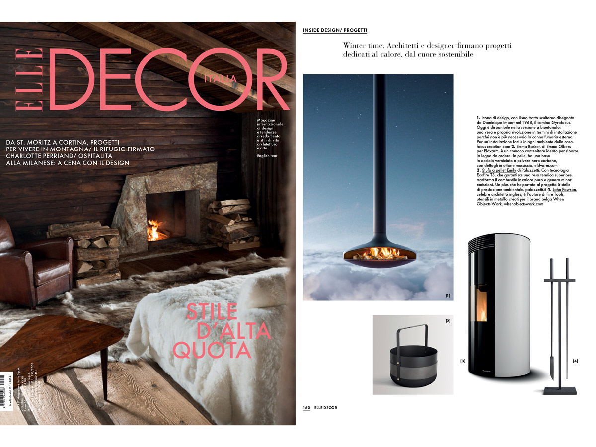 On the left the cover of the December/January 2025 issue of Elle Decor Italy. On the right a screen shot of an article that features the Emma Basket in Graphite.