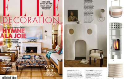 On the left the cover of the December 2024 issue of Elle Decoration France magazine. On the right an article featuring the Emma Basket in Blanc.