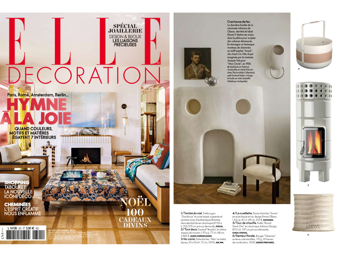 On the left the cover of the December 2024 issue of Elle Decoration France magazine. On the right an article featuring the Emma Basket in Blanc.