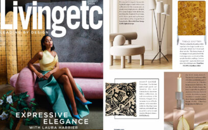 On the left is the cover of the January 2024 issue of Livingetc magazine showing the actress Laura Harrier. On the right is the Luca Candles Holder which was featured in the magazine.