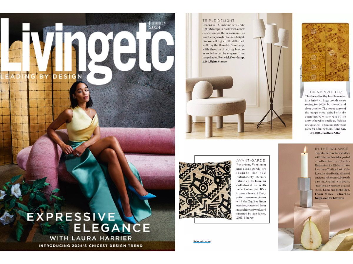 On the left is the cover of the January 2024 issue of Livingetc magazine showing the actress Laura Harrier. On the right is the Luca Candles Holder which was featured in the magazine.