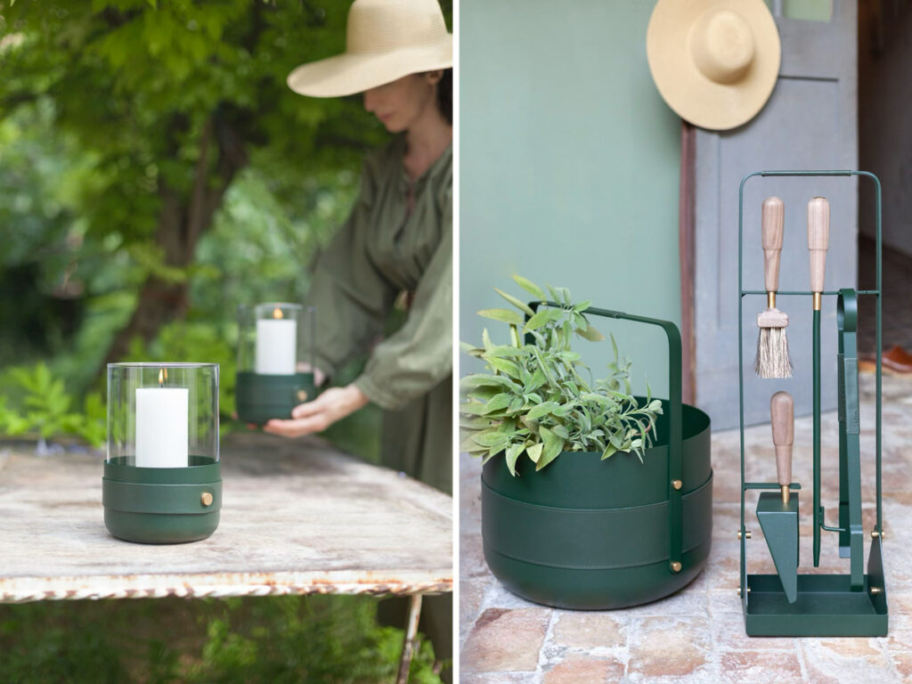 Fireplace tool set, basket and lanterns in green colour, in an outdoor setting