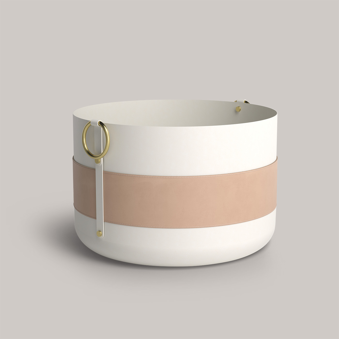 Emma Basket XL in Blanc, cream white steel with leather and brass handles