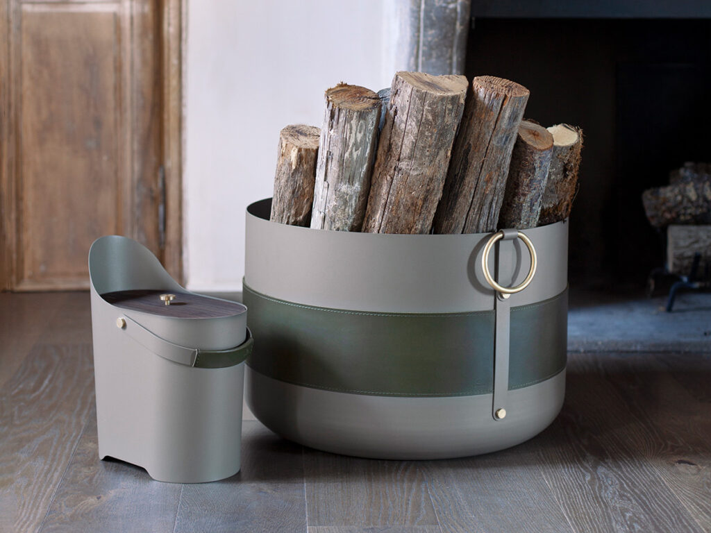 Emma Basket XL with Tilda Ash Bucket, next to a fireplace