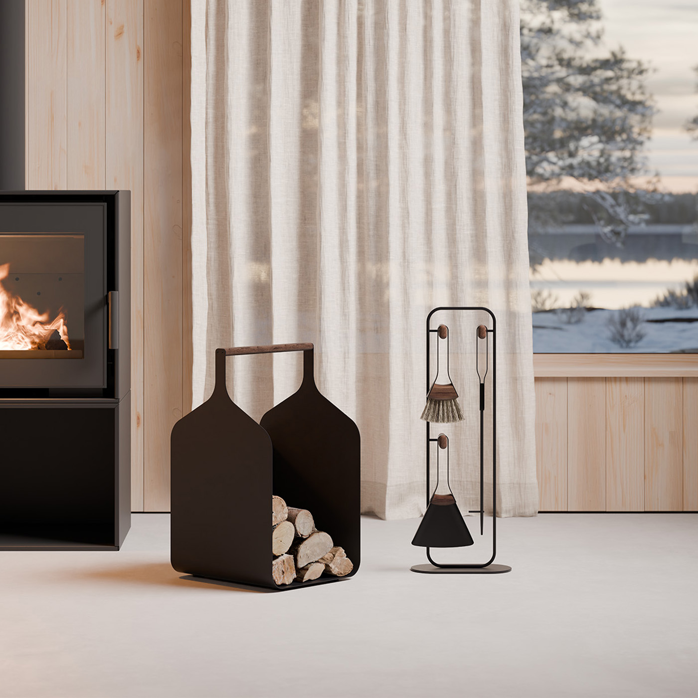 Eldvarm Fumi Noir in Setting - Companion Set and Log Holder